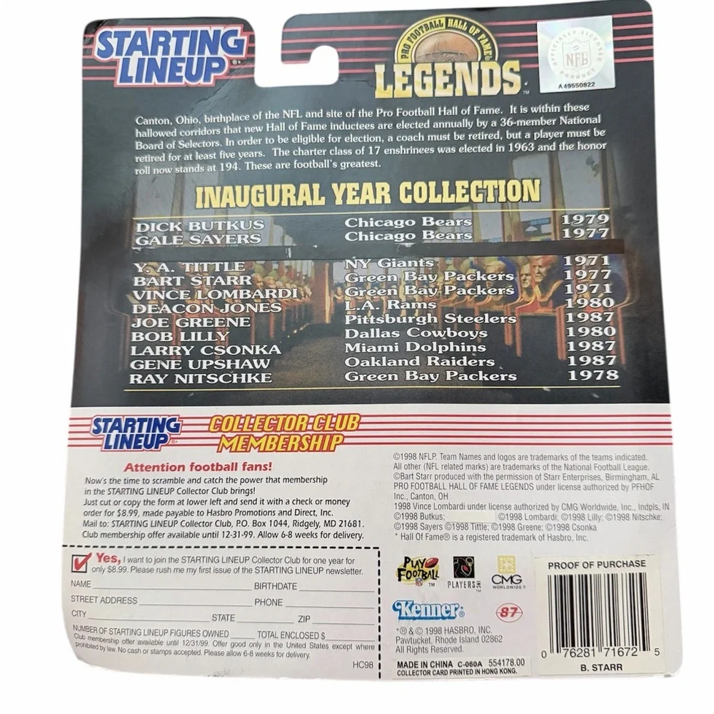 1998 Starting Lineup NFL Legends Bart‎ Starr Figure Green Bay Packers.
